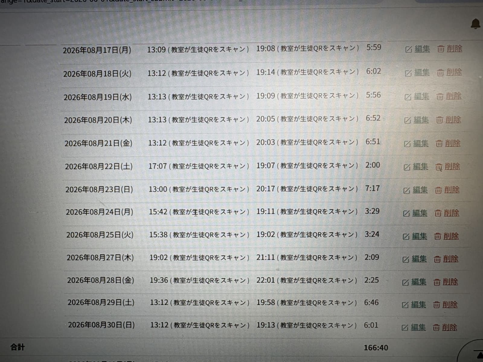 2026年8月の入退室記録