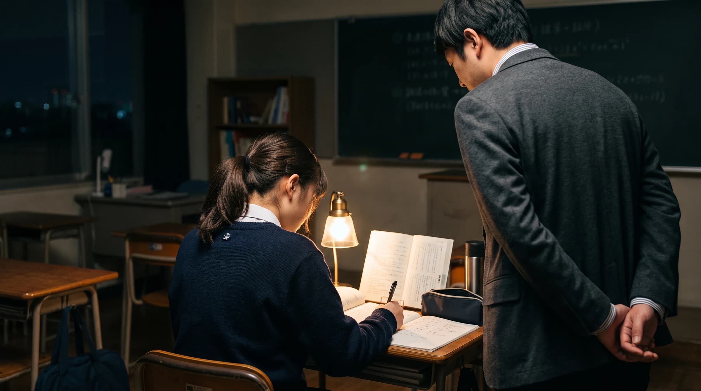 夜の教室で生徒を見守る講師の後ろ姿